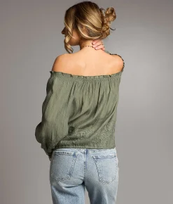 Tops | BKE Off The Shoulder Crinkle Top Sage