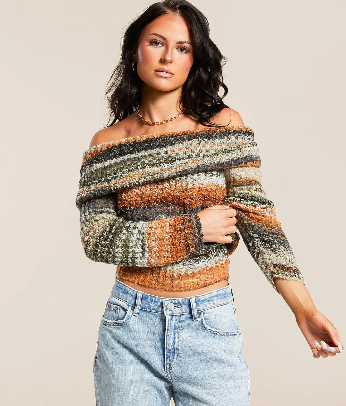 Gilded Intent Off The Shoulder Marled Sweater Green Orange Marl Hot