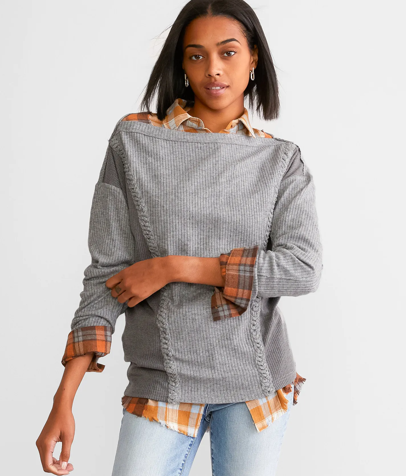 BKE Off The Shoulder Ribbed Top Grey Discount