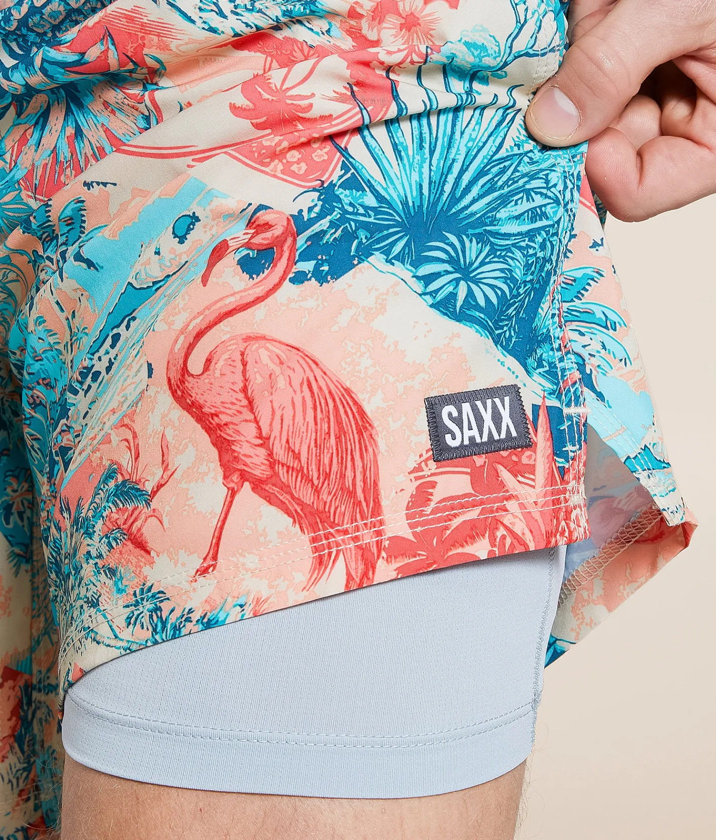 SAXX Oh Buoy 2N1 DropTemp Stretch Swim Trunks Vacation Collage Chalk New