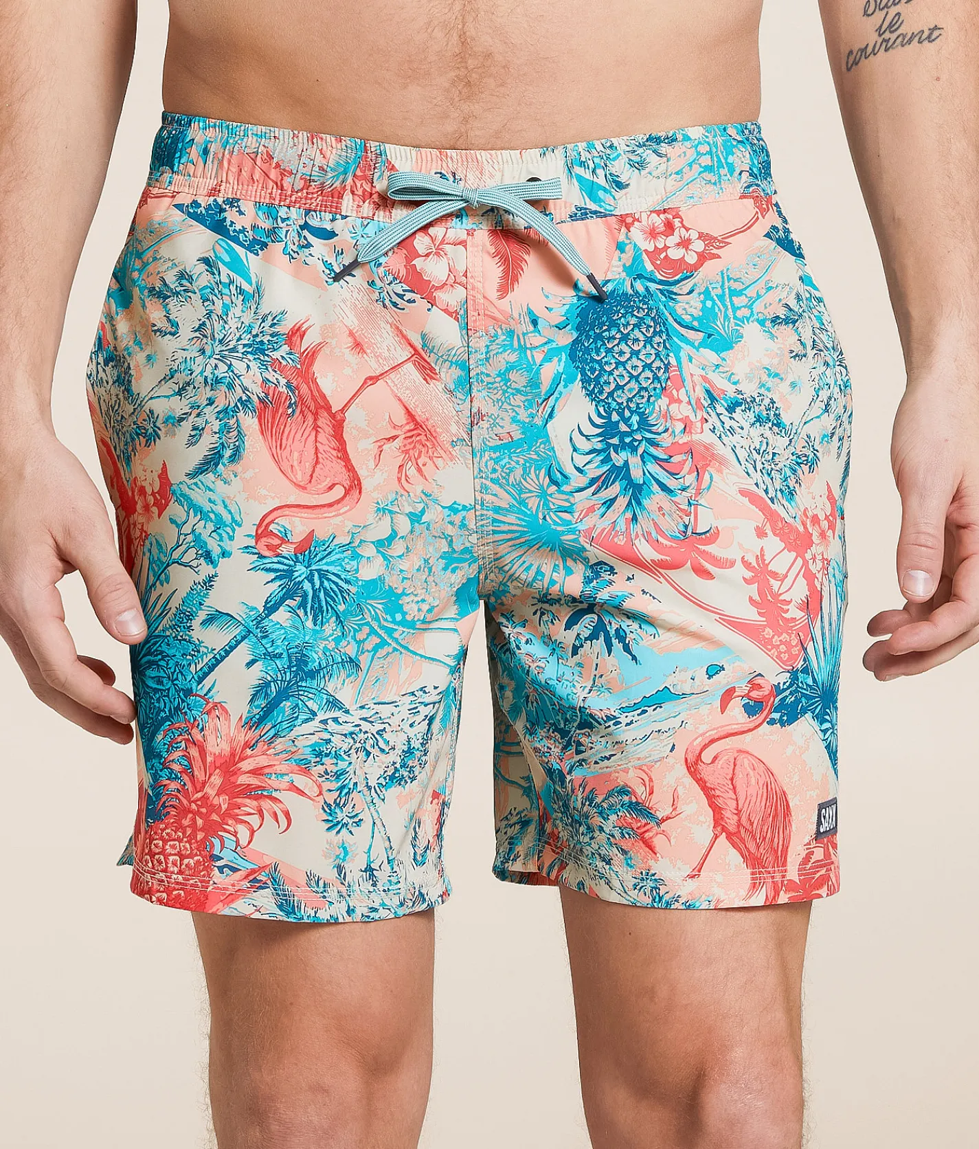 SAXX Oh Buoy 2N1 DropTemp Stretch Swim Trunks Vacation Collage Chalk New