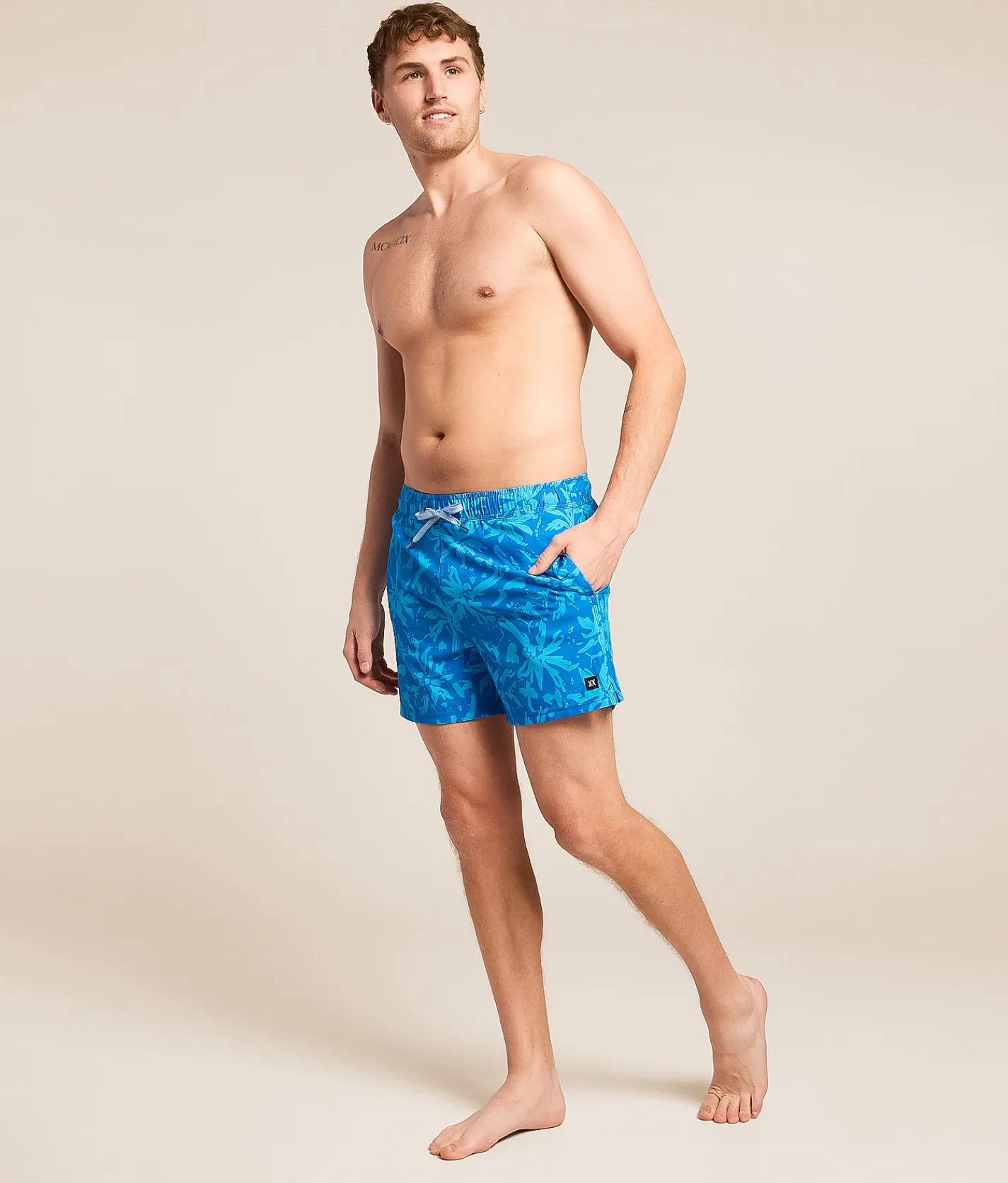SAXX Oh Buoy 2N1 DropTemp Stretch Swim Trunks Splash Palms Bold Blue Hot