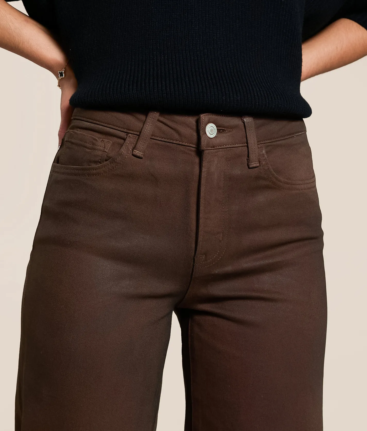 VERVET by Flying Monkey Olivia Coated Wide Leg Stretch Jean Chicory Coffee Best