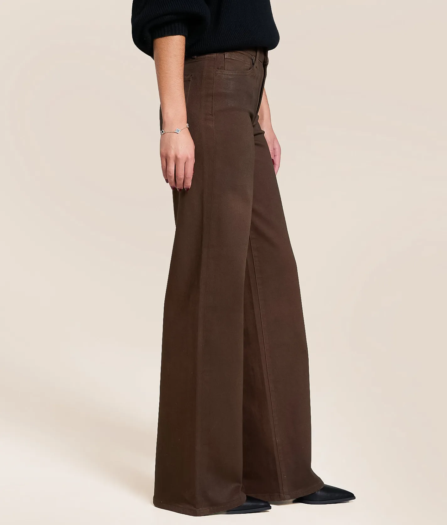 VERVET by Flying Monkey Olivia Coated Wide Leg Stretch Jean Chicory Coffee Best