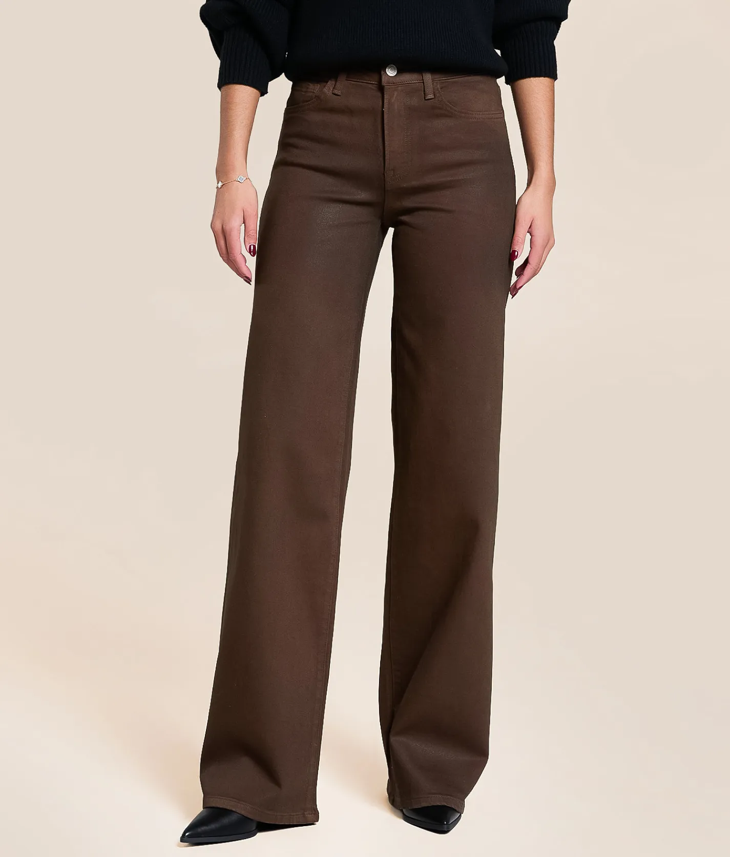 VERVET by Flying Monkey Olivia Coated Wide Leg Stretch Jean Chicory Coffee Best