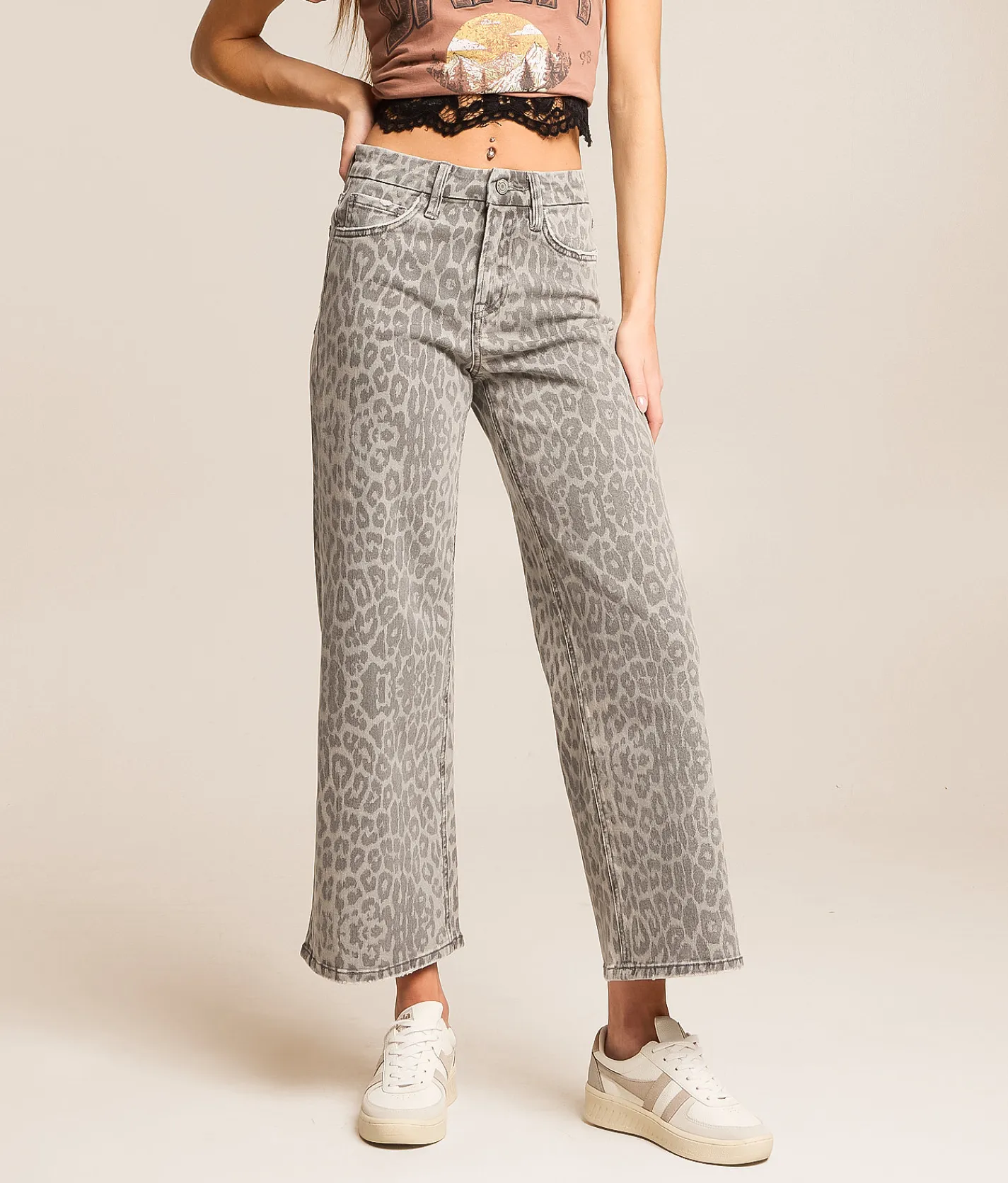 Jeans | VERVET by Flying Monkey Olivia Leopard Wide Cropped Jean Grey Leopard