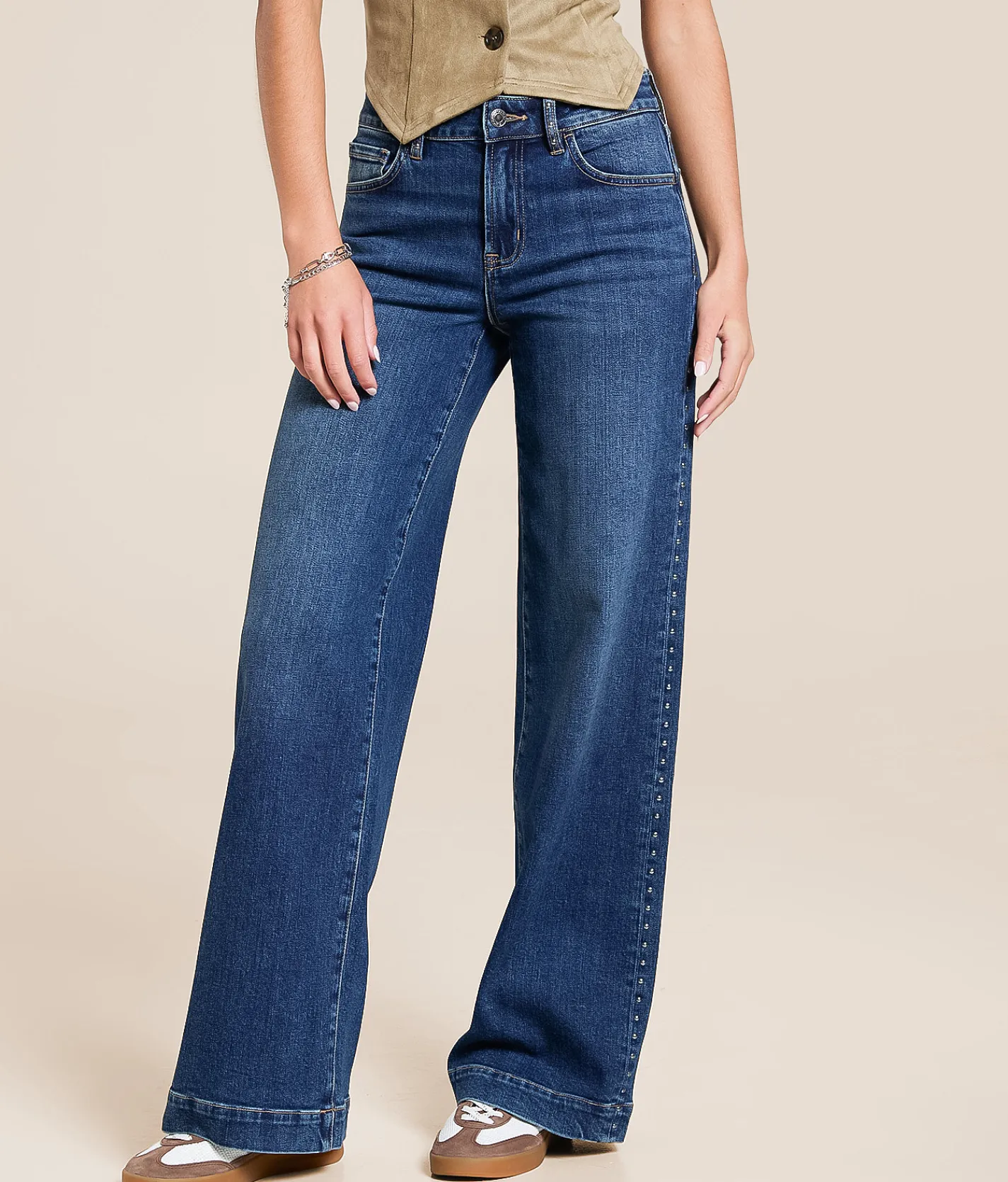 Jeans|Bottoms | VERVET by Flying Monkey Olivia Studded Wide Leg Stretch Jean Start Now