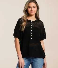 Tops | Hyfve Open Stitch Henley Sweater Black