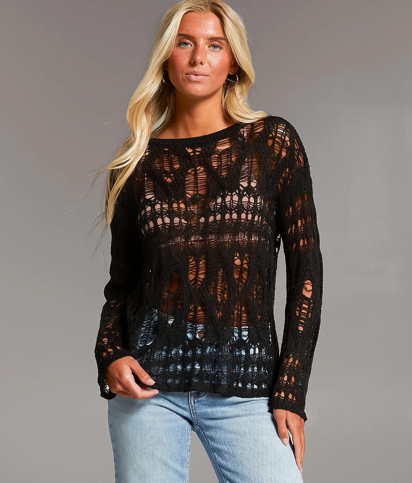 Tops | BKE Open Stitch Sweater Black