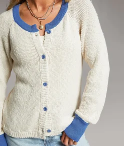 BKE Open Weave Cardigan Sweater Cream Blue Best