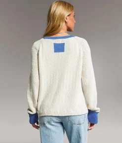 BKE Open Weave Cardigan Sweater Cream Blue Best
