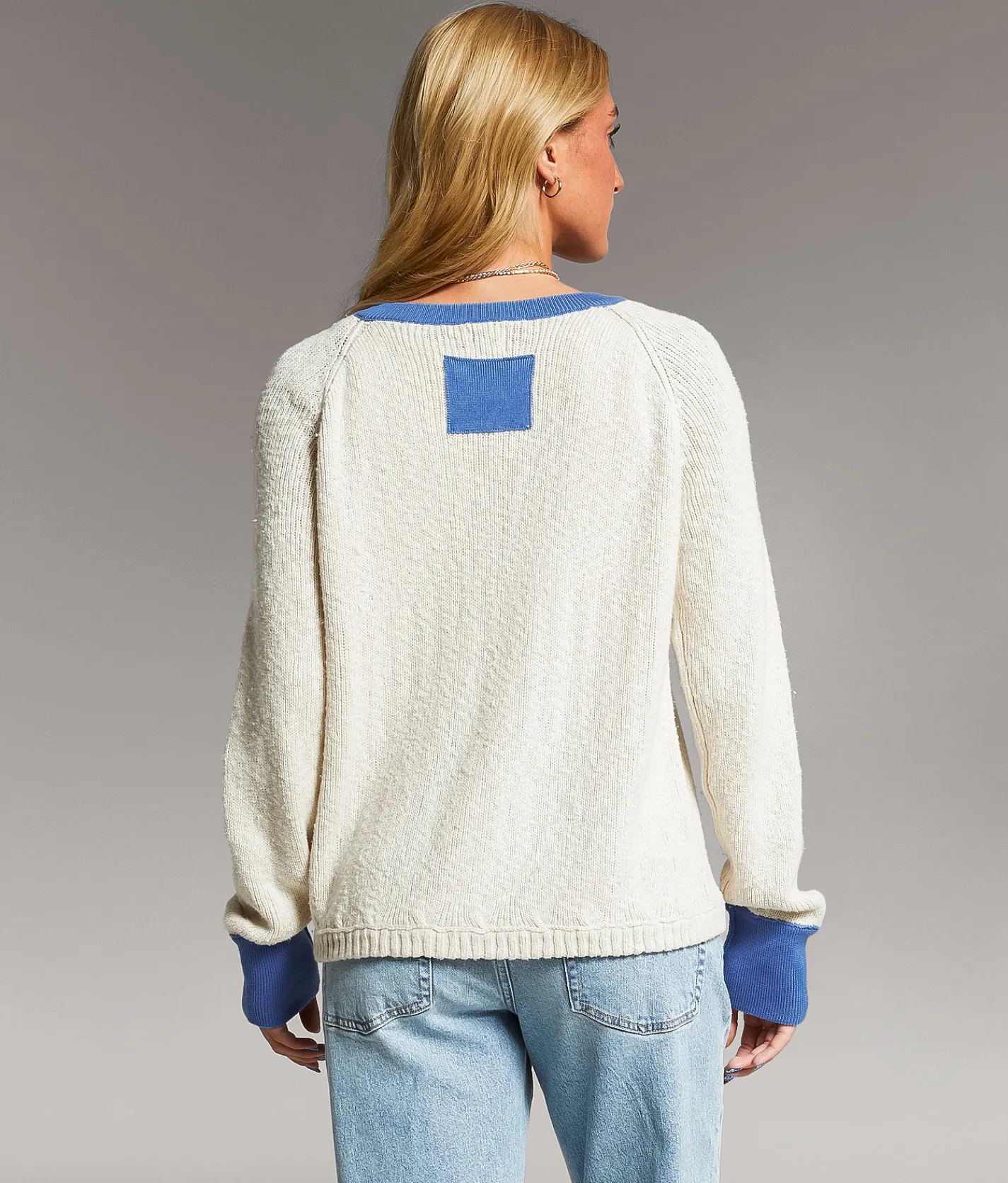 BKE Open Weave Cardigan Sweater Cream Blue Best
