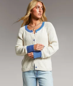 BKE Open Weave Cardigan Sweater Cream Blue Best