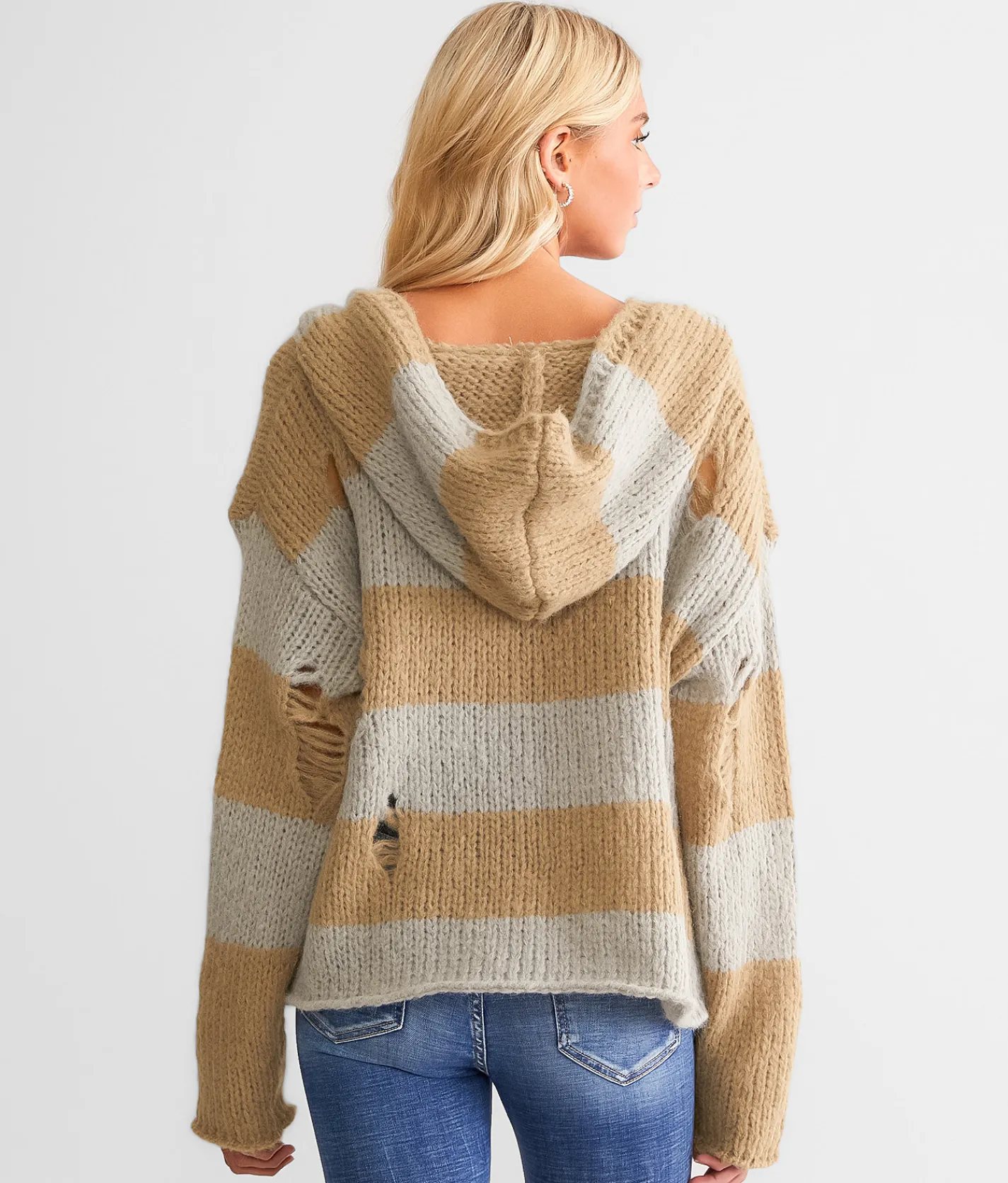 mystree Open Weave Hooded Sweater Caramel Mix Hot