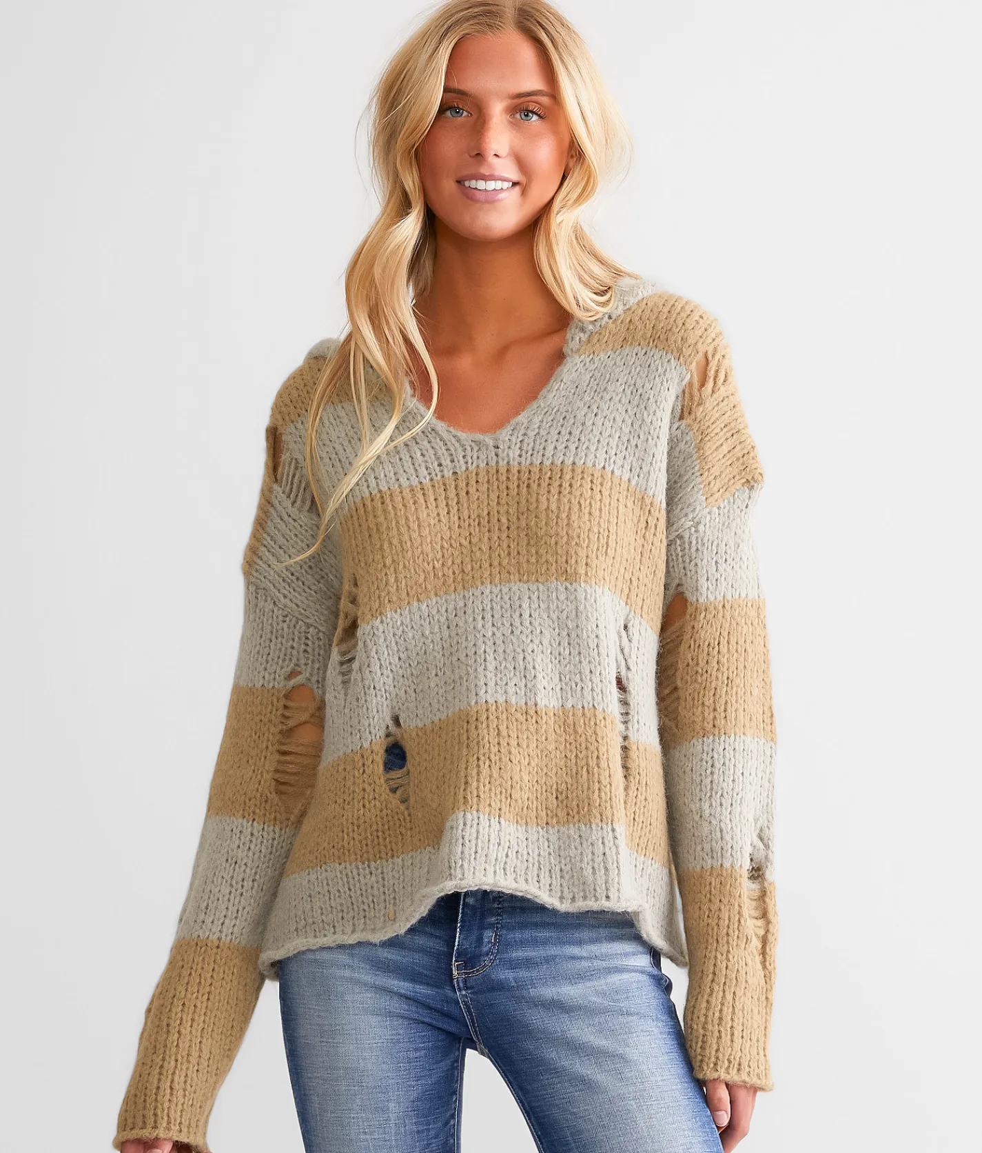 mystree Open Weave Hooded Sweater Caramel Mix Hot
