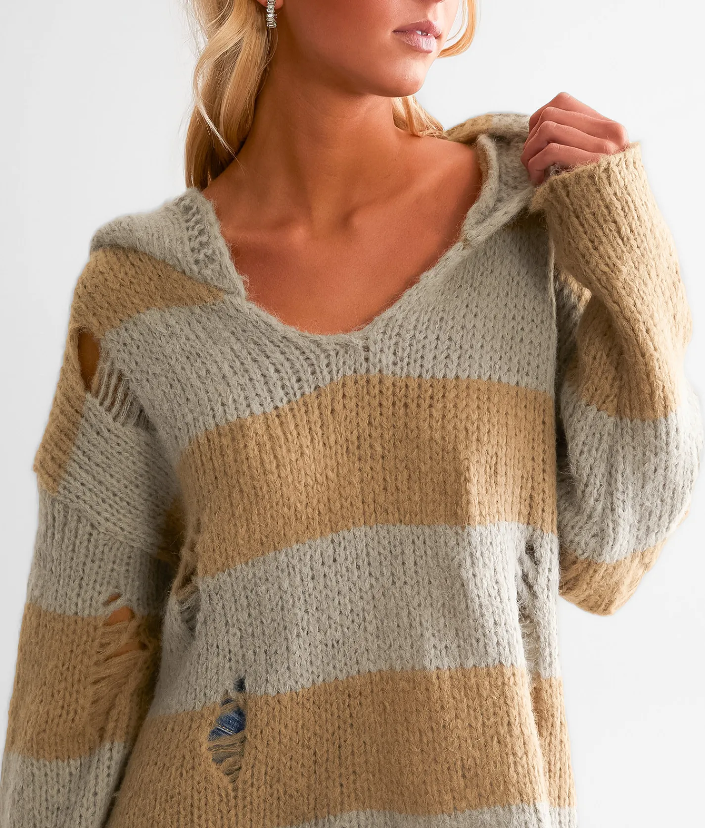 mystree Open Weave Hooded Sweater Caramel Mix Hot
