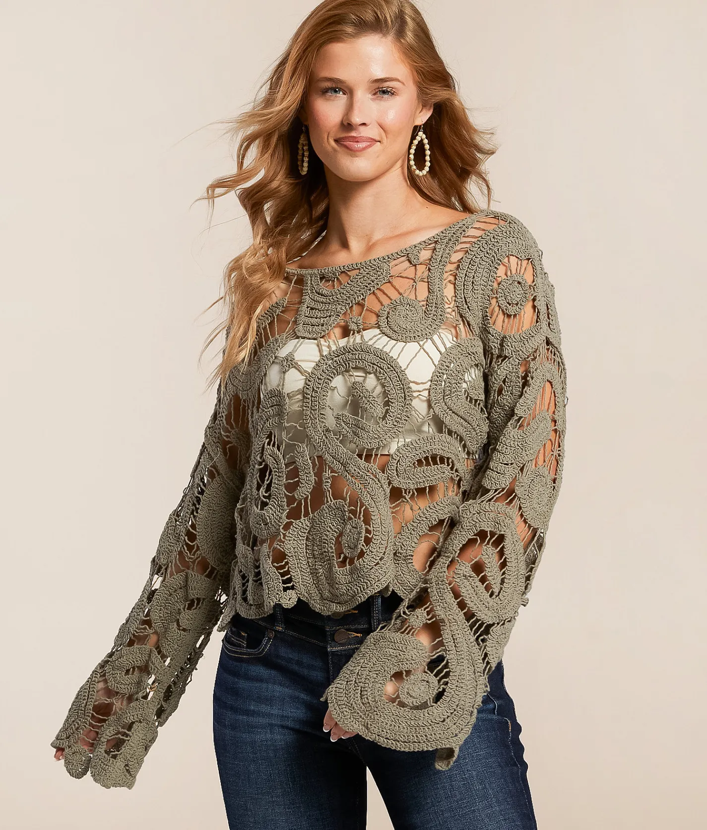 Willow & Root Open Weave Scalloped Sweater Cream Best
