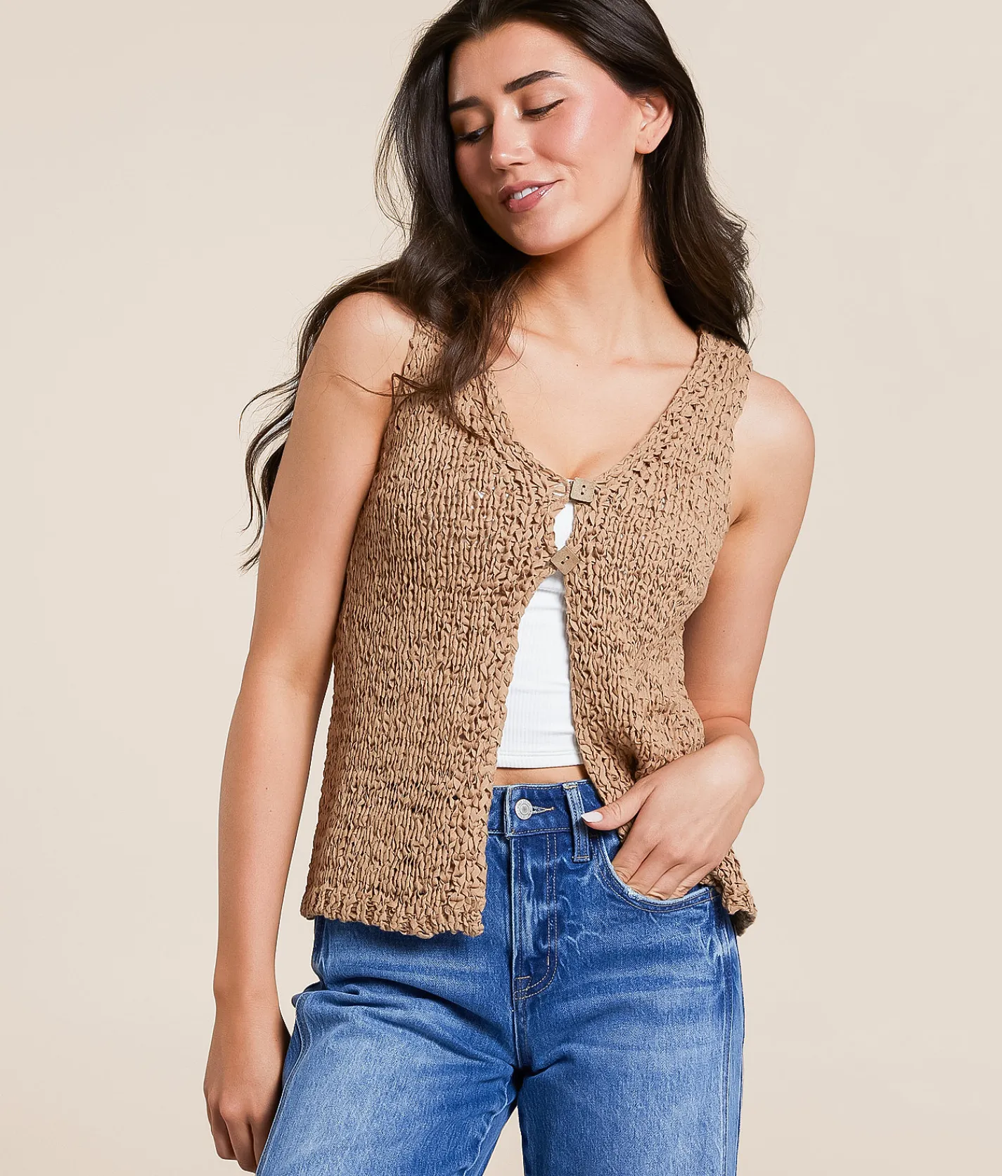 Blu Pepper Open Weave Tank Top Sand Clearance