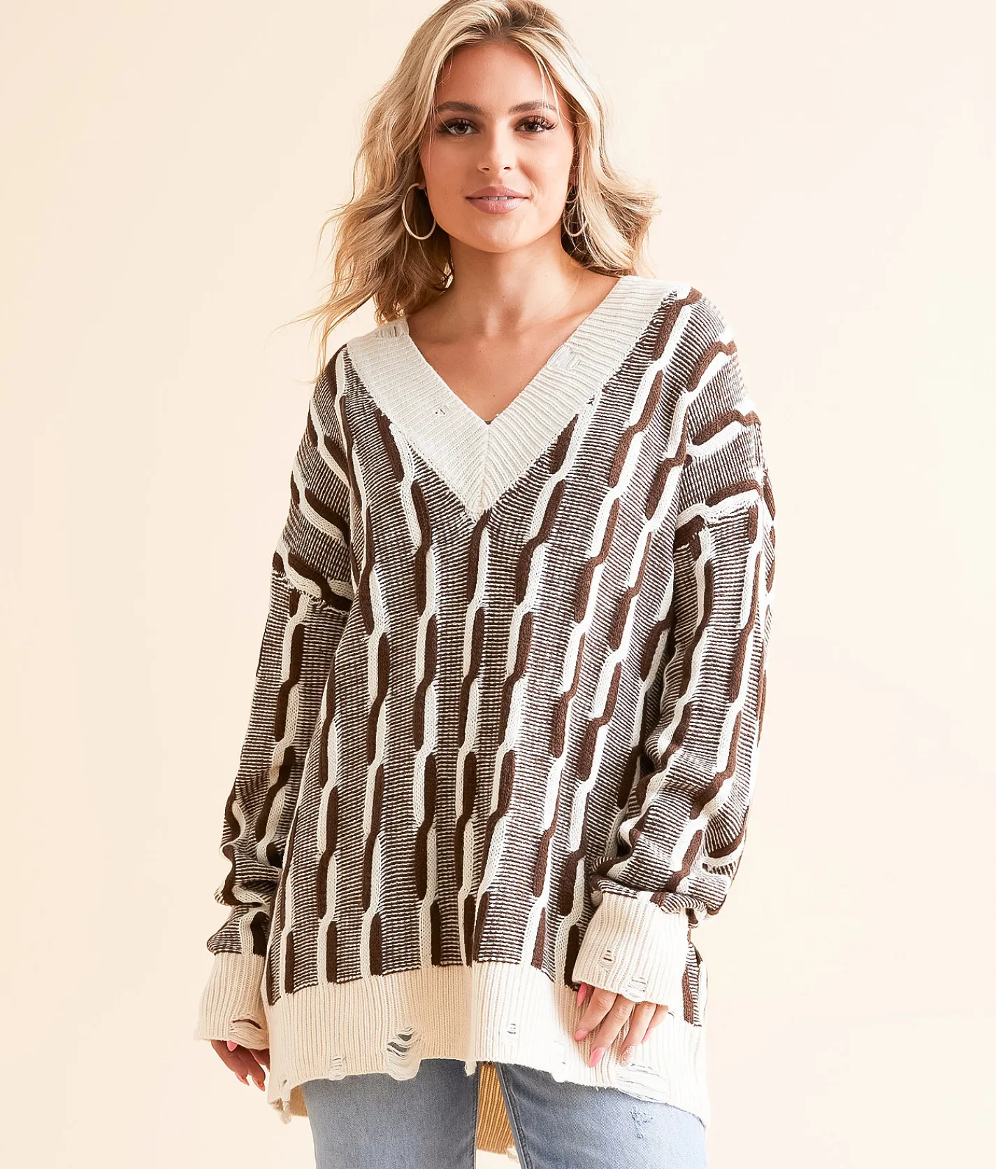 Tops | Gilded Intent Oversized Cable Tunic Sweater Brown and Cream
