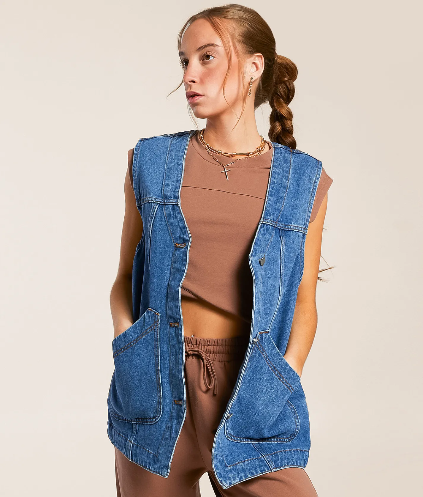 Tops|Coats & Jackets | Veveret Oversized Denim Vest Dark Wash