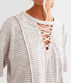 Tops | BKE Oversized Lace-Up Top Cream Stripe