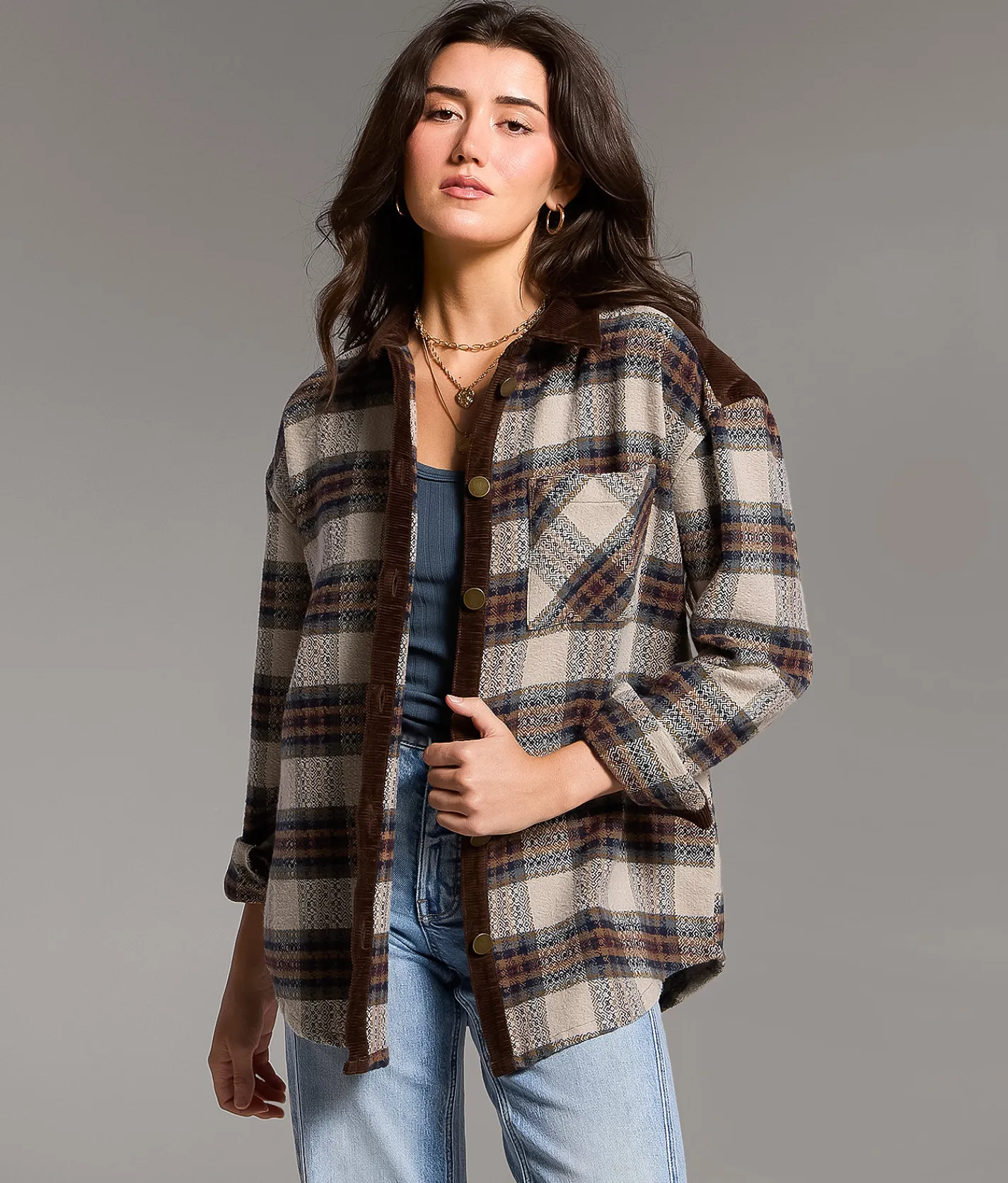 Tops|Coats & Jackets | BKE Oversized Plaid Shacket Brown Multi