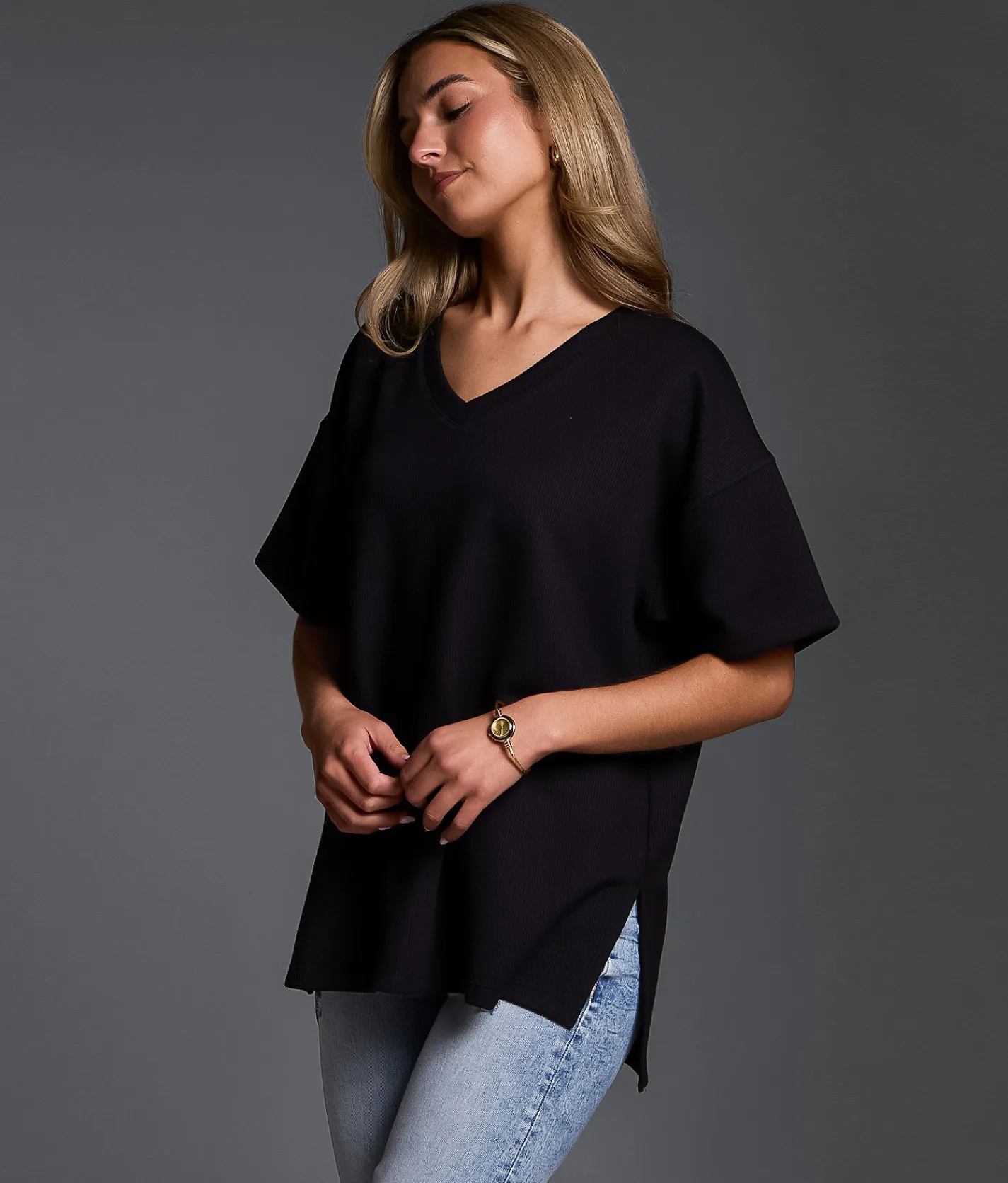 Tops | Buckle Black Oversized Rib Knit T-Shirt Black
