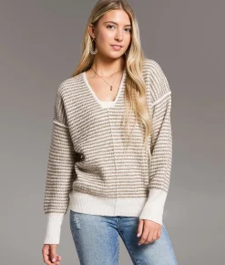BKE Oversized Stripe Knit Sweater Taupe Cream New