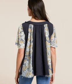 POL Paisley Floral Henley Deep Charcoal Multi Sale