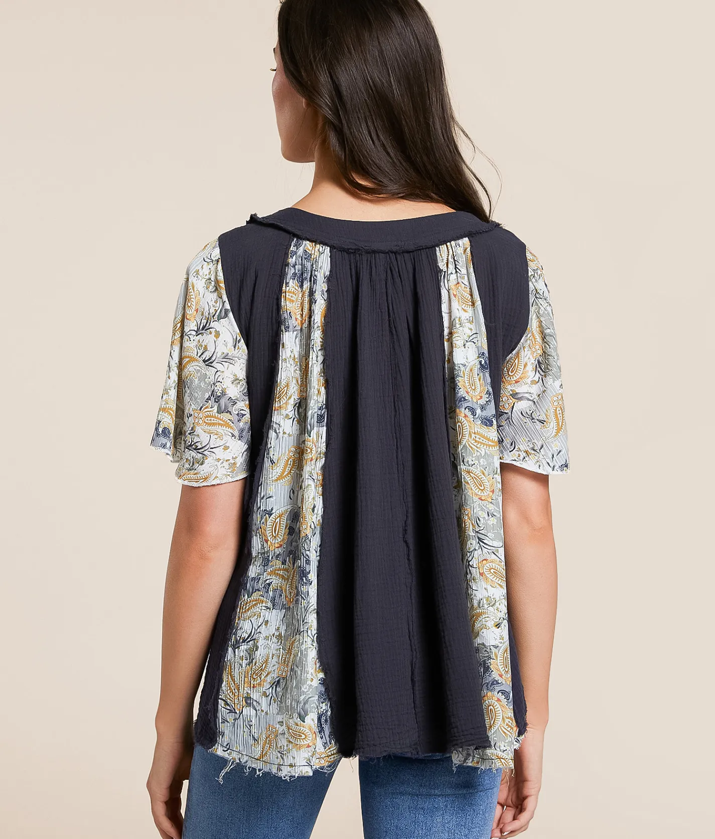 POL Paisley Floral Henley Deep Charcoal Multi Sale
