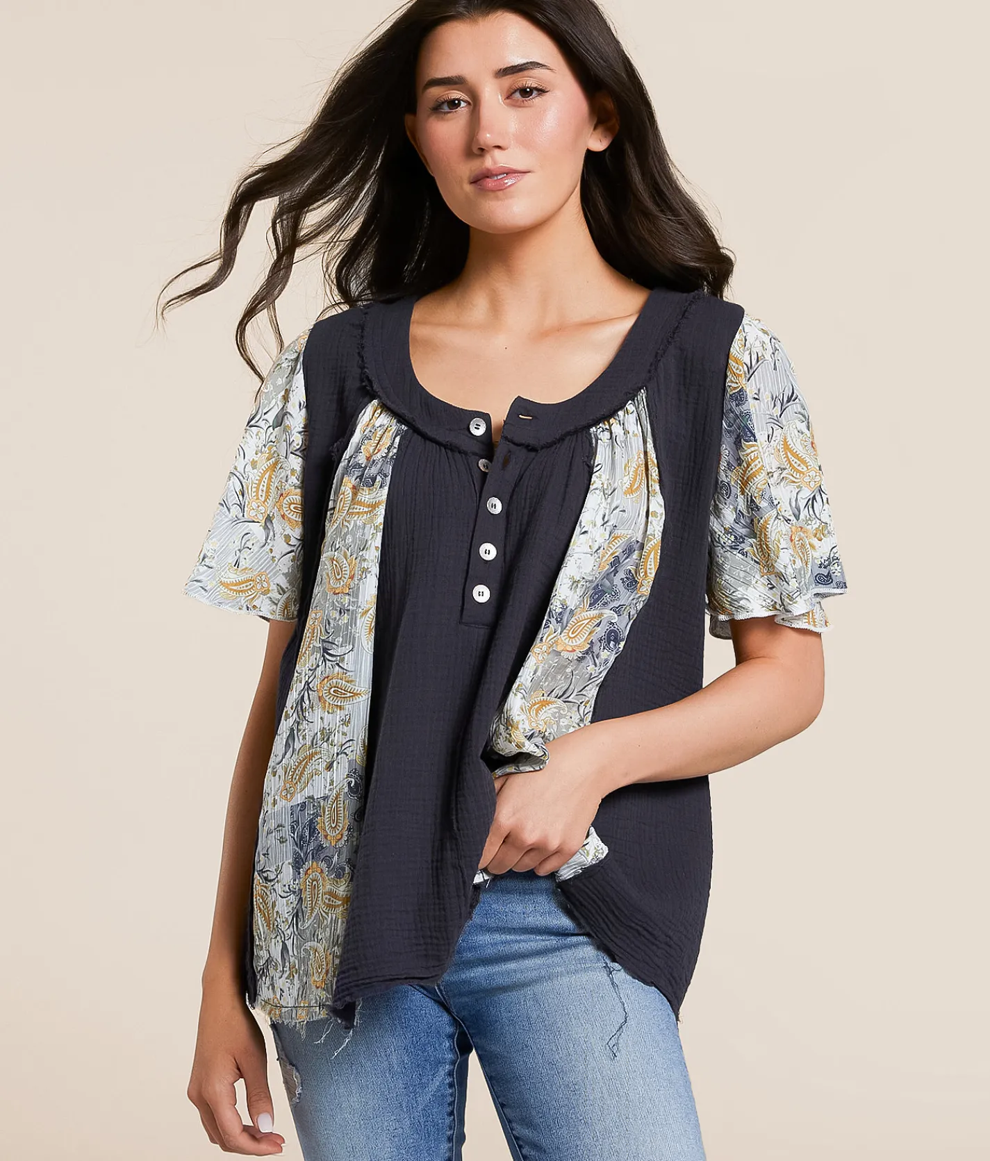 POL Paisley Floral Henley Deep Charcoal Multi Sale