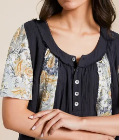 POL Paisley Floral Henley Deep Charcoal Multi Sale