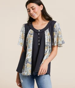 POL Paisley Floral Henley Deep Charcoal Multi Sale