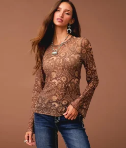 Sterling & Stitch Paisley Mesh Top Brown Multi Outlet
