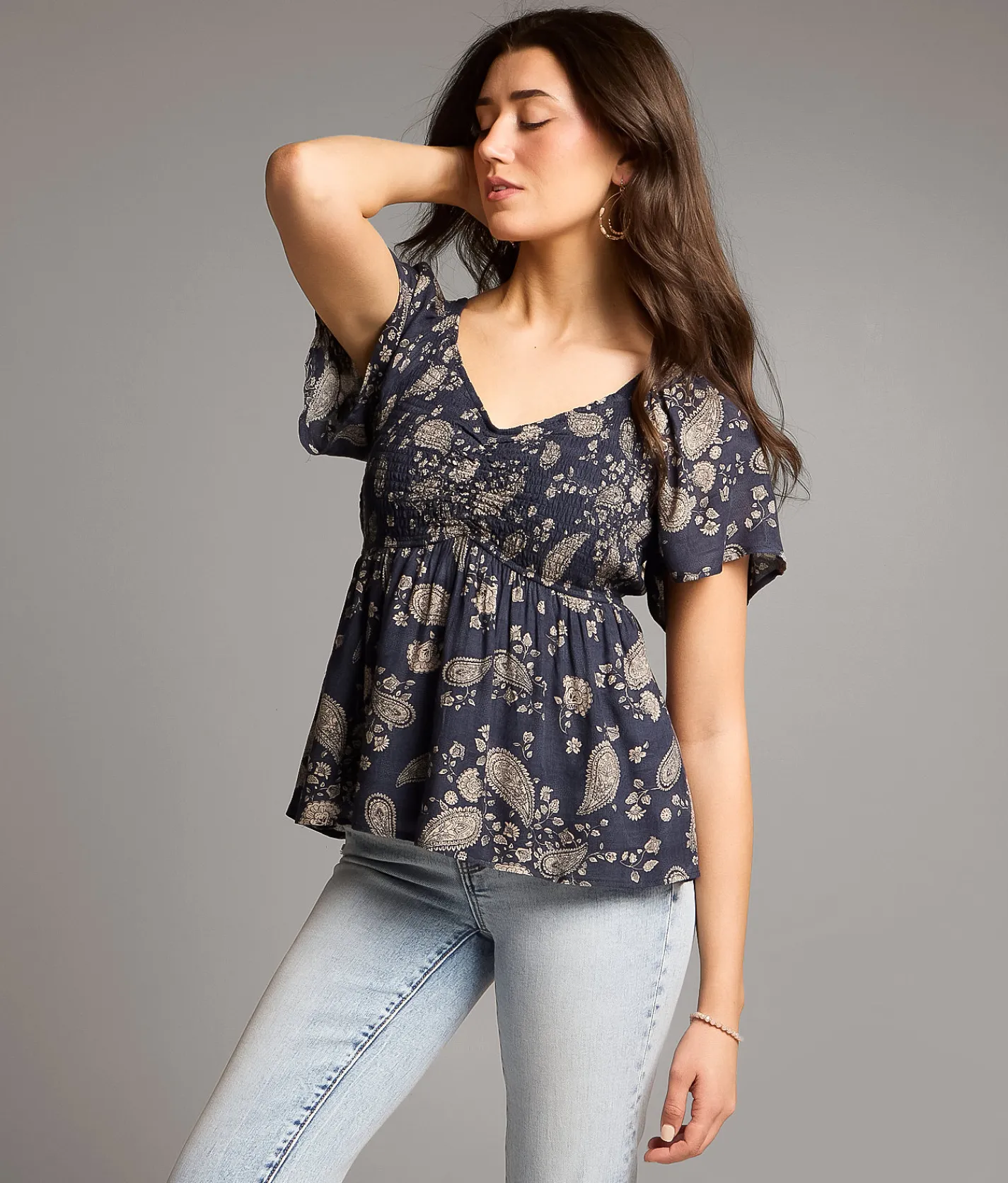 Tops | BKE Paisley Print Top Dark Navy Natural