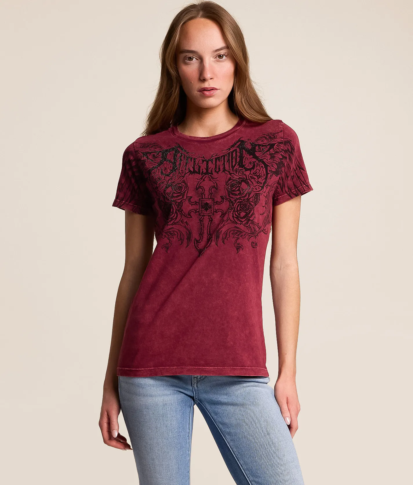 Affliction Pale Sorrow T-Shirt Burgundy Lava Wash Discount