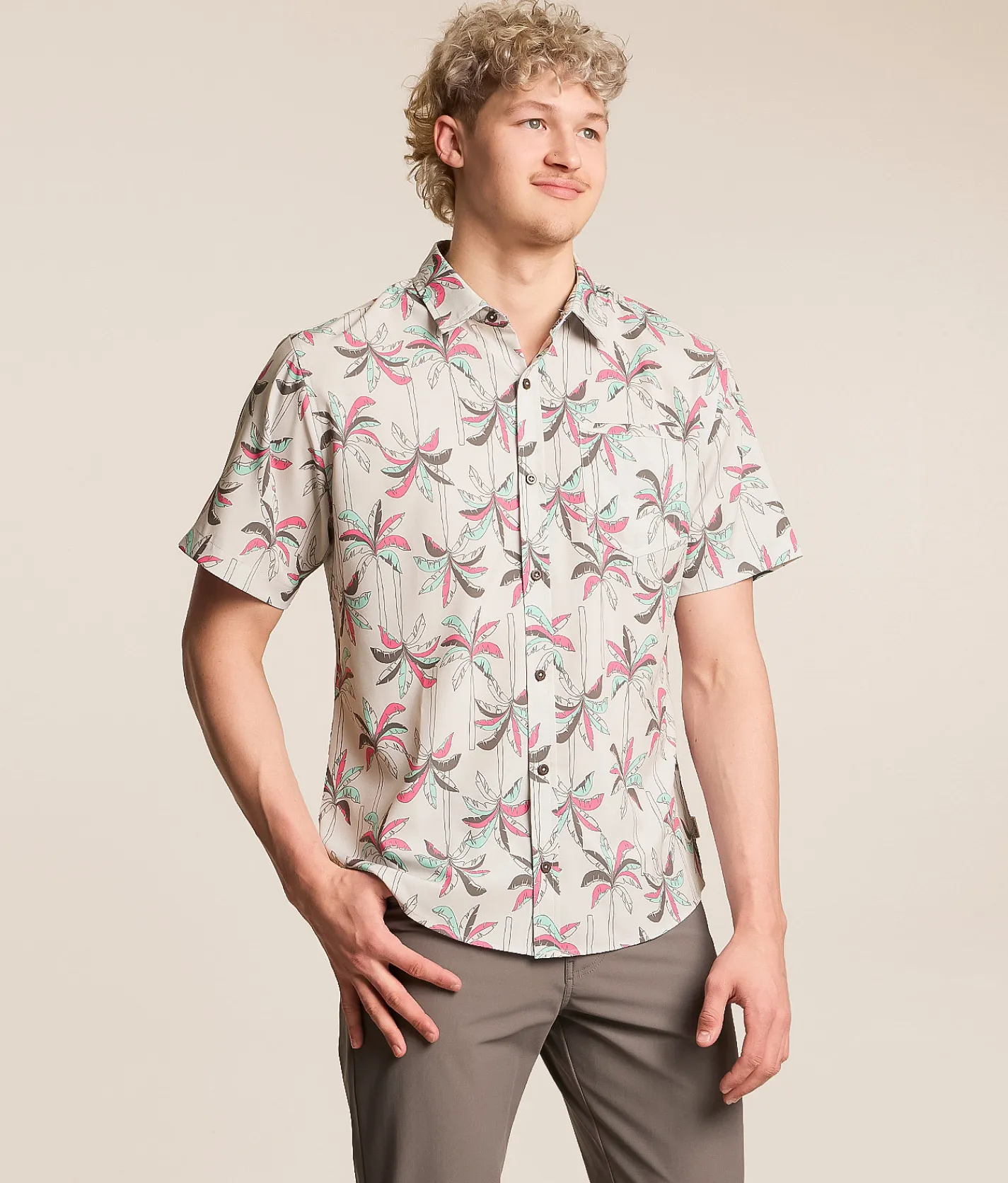 Departwest Palm Tree Athletic Performance Stretch Shirt Grey Pink Cyan Sale