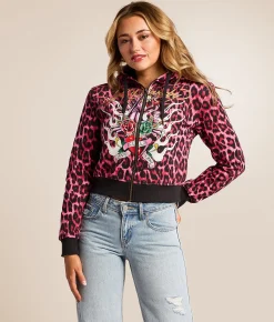 Tops | Ed Hardy Panther Roses Leopard Print Hoodie Pink Leopard