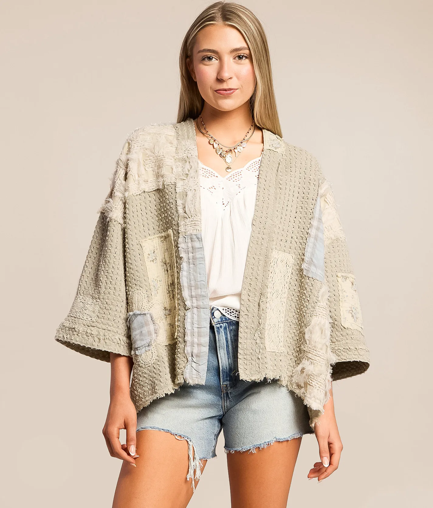 Tops | POL Patchwork Cardigan Sweater Sand Beige