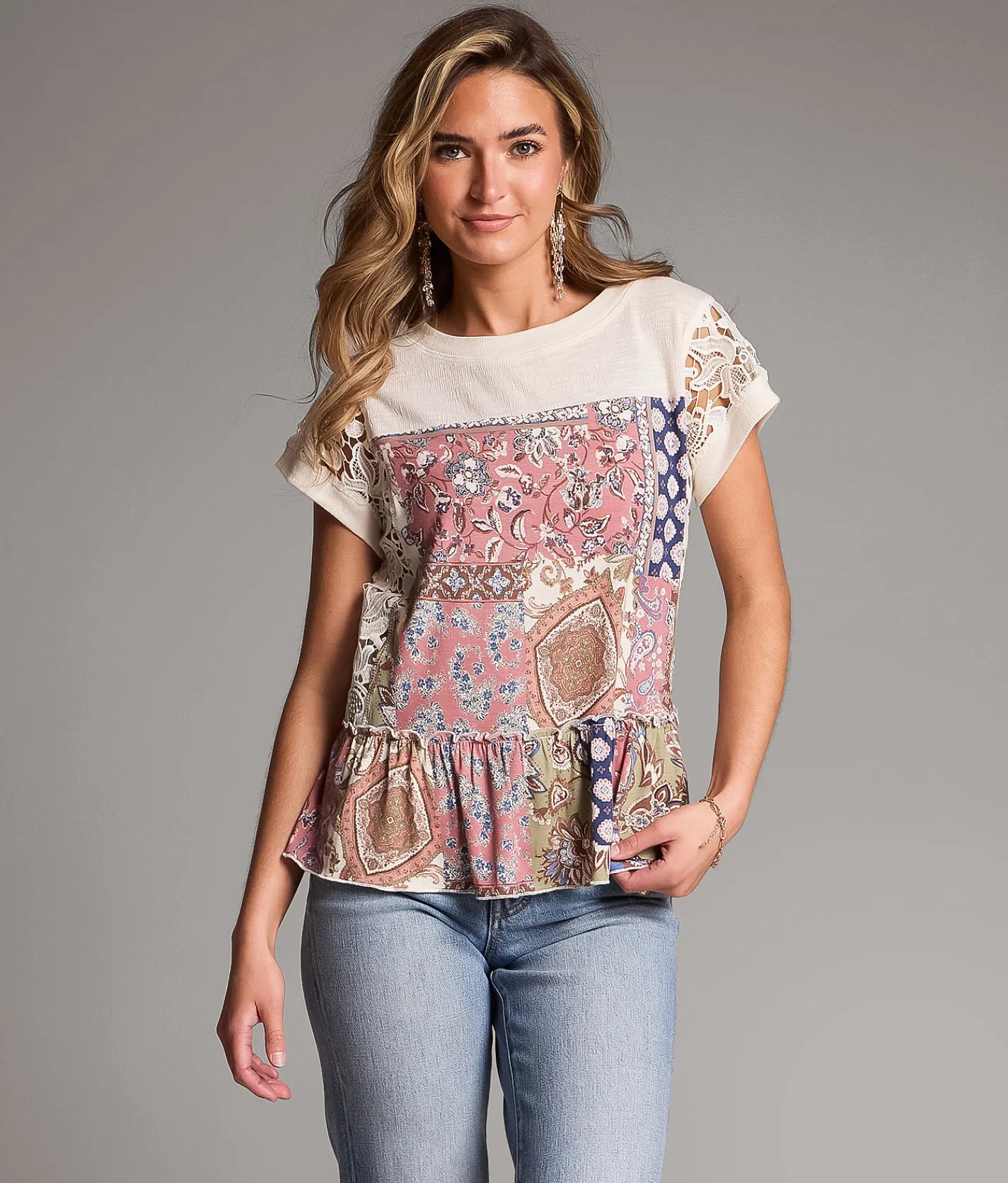 Tops | BKE Patchwork Ruffle Top Multi