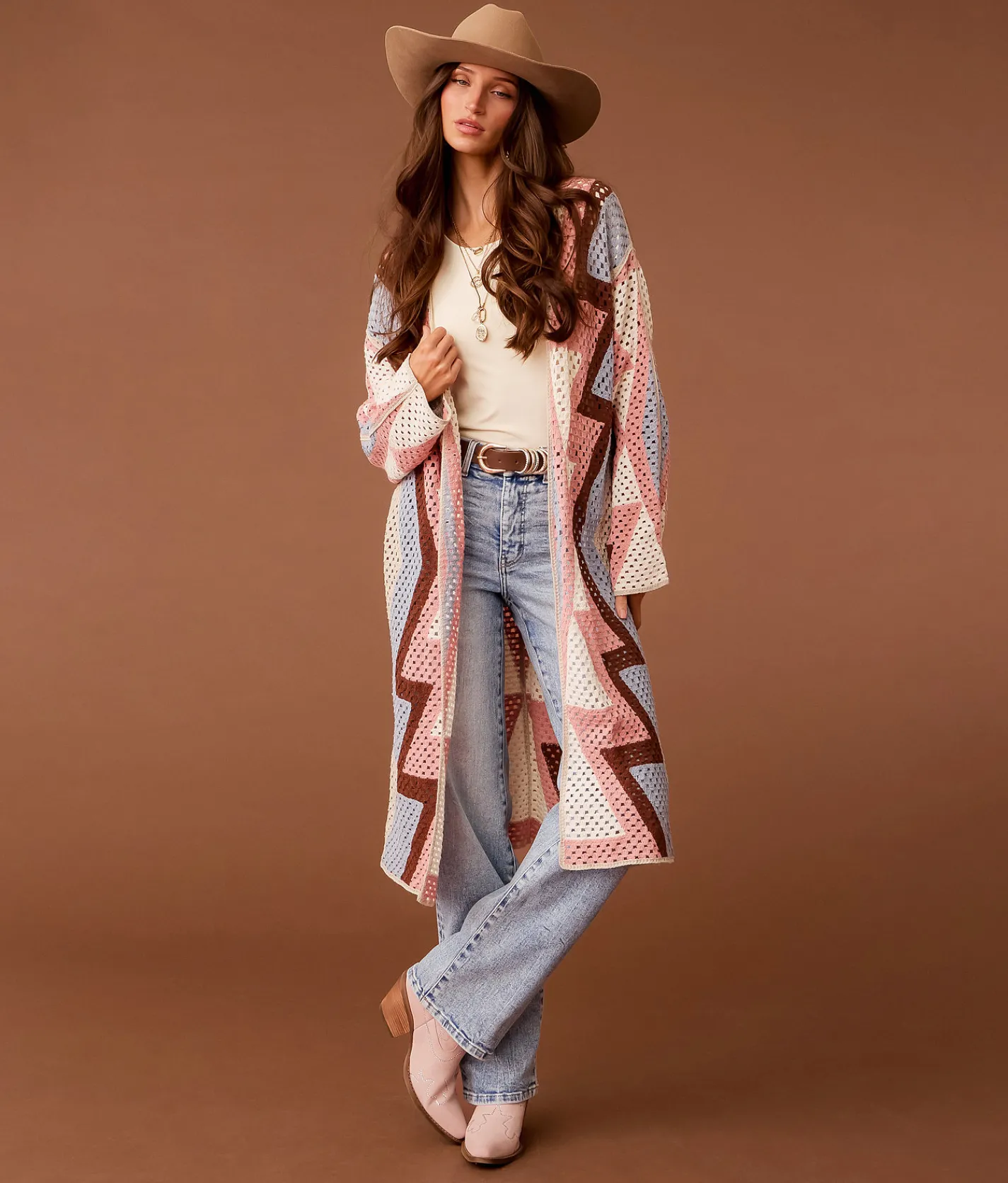 Tops | Sterling & Stitch Patterned Crochet Kimono Cream Multi