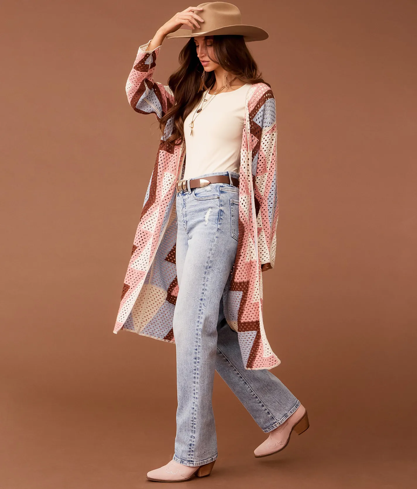 Tops | Sterling & Stitch Patterned Crochet Kimono Cream Multi