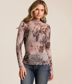 Tops | Willow & Root Patterned Mesh Top Taupe