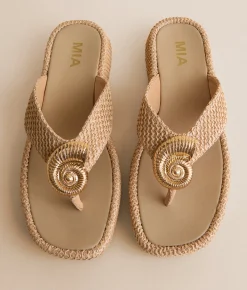 Shoes | Mia Pattiee Raffia Flip Flop Bone Gold