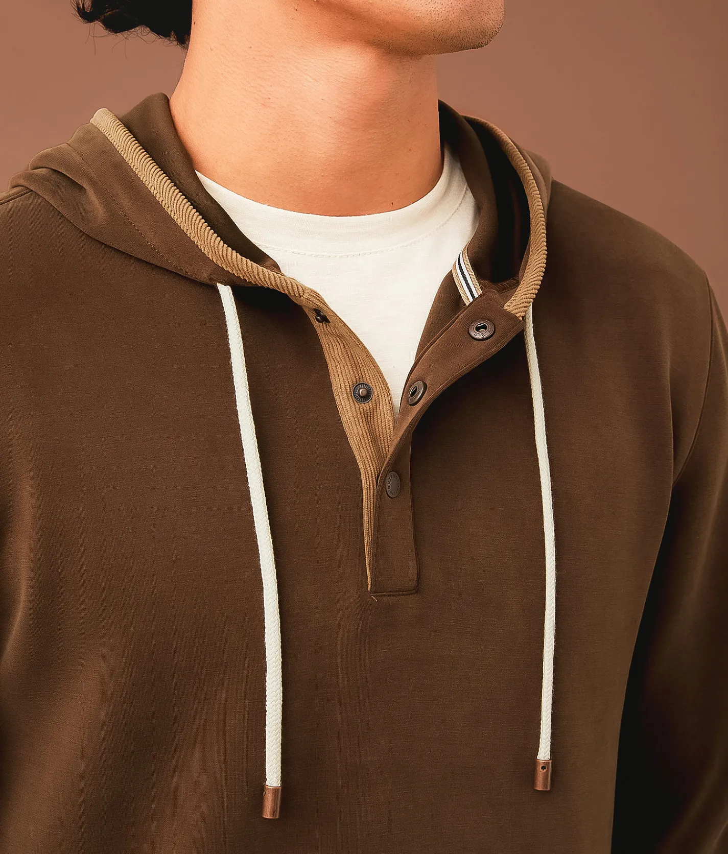 Outpost Makers Performance Henley Hoodie Dark Brown Discount