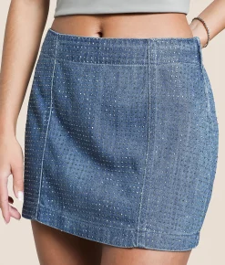 HIDDEN Peyton Rhinestone Denim Mini Skirt Medium Rhinestone
