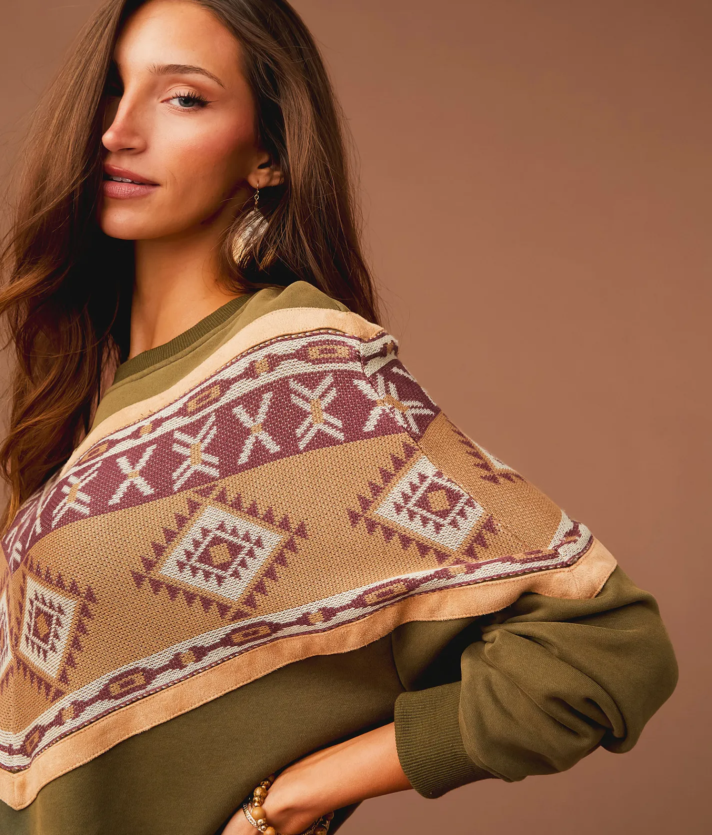Tops | Sterling & Stitch Pieced Aztec Pullover Washed Olive