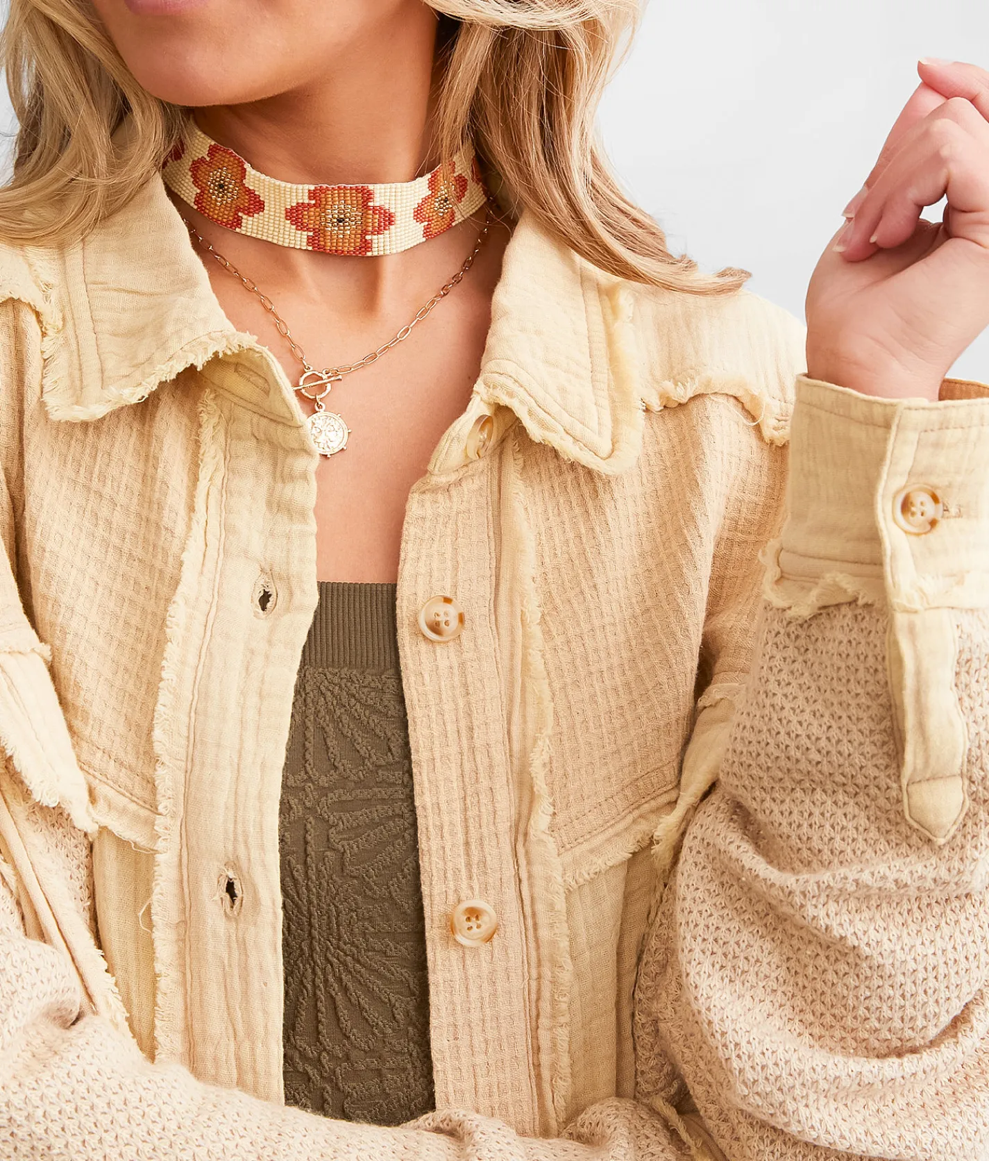 BKE Pieced Boyfriend Shirt Safari Hot
