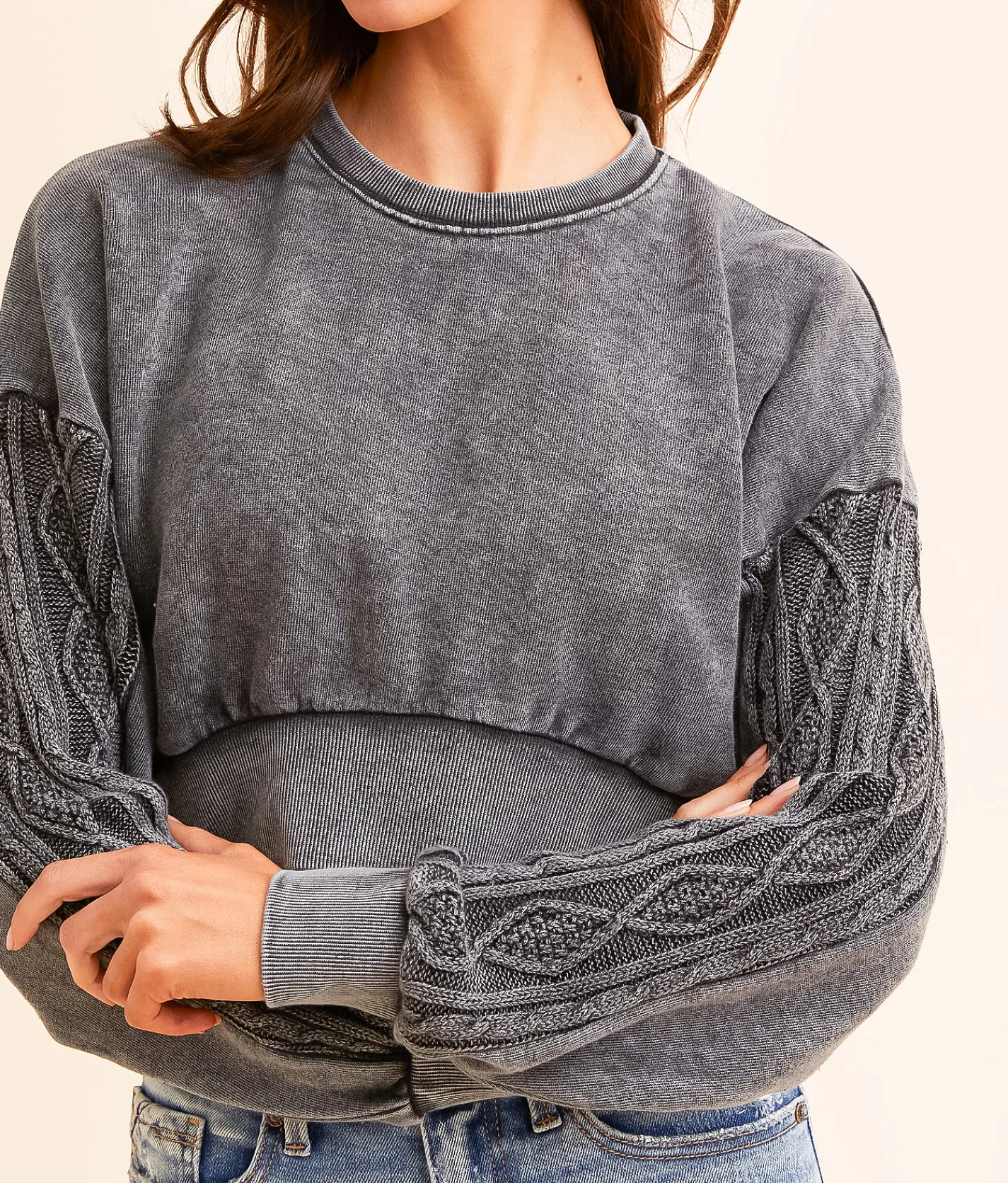 generation K Pieced Cable Knit Cropped Pullover Charcoal Sale