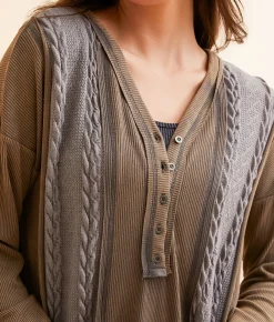 BKE Pieced Cable Knit Washed Henley Washed Green Blue Sale